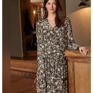 Garnet Hill Drop Waist Shirtdress Lined Womens Sz 16 Green Floral  Viscose Crepe